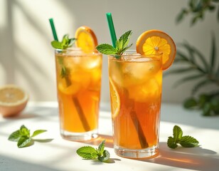 Fototapeta premium Two glasses with iced tea. Refreshing summer drinks with orange slices and mint. Cold beverage in sunlight with ice cubes. Citrus flavors with herbal aroma.
