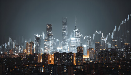 Obraz premium Urban skyline view with economic data overlay, showcasing modern architecture and city lights
