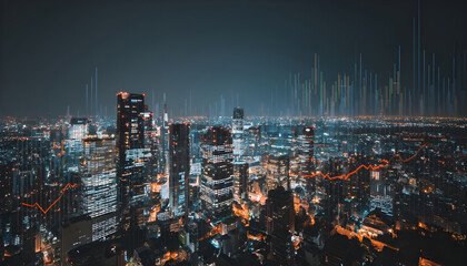 Fototapeta premium Urban skyline view with economic data overlay, showcasing modern architecture and city lights