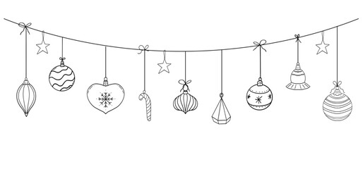 Christmas garland hanging balls, stars snowflakes sketch elements decorating for the Christmas and New Year. Design element, winter border, header 