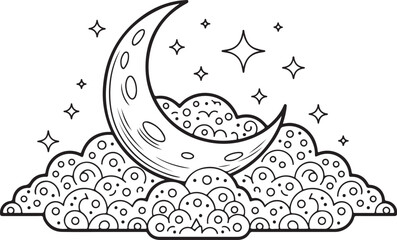 Crescent Moon with Decorative Clouds and Sparkling Stars in Elegant Line Art Style