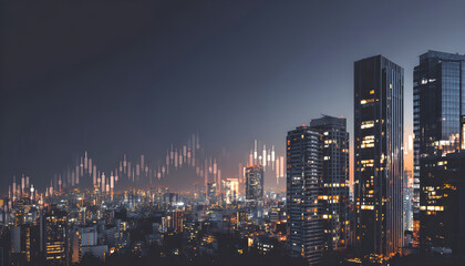 Fototapeta premium Urban skyline view with economic data overlay, showcasing modern architecture and city lights