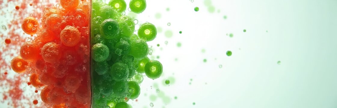 Microscopic view of red, green spherical microalgae cells. Haematococcus pluvialis active, resting cyst cells display. Red cells produce powerful astaxanthin antioxidant pigment. Green cells indicate