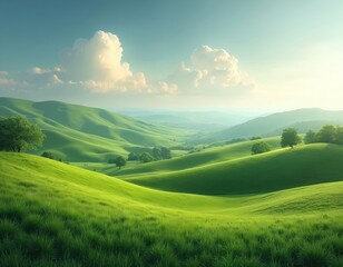 Obraz premium Green rolling hills create vast countryside landscape. Rich meadows carpet gentle slopes under bright blue sky. White fluffy clouds drift above. Scattered trees dot vivid terrain. Soft sunlight