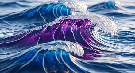 Waves in vibrant blue and purple hues, ocean power, aquatic life