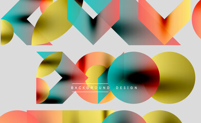 Abstract geometric shapes overlap. Vibrant colors blend, creating modern design. Background features circles, triangles, rectangles.
