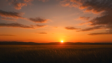 The sun dips below the horizon, painting the sky in fiery hues of orange and gold, casting a warm glow over the tranquil landscape below. A serene scene showcasing the beauty and wonder of nature.