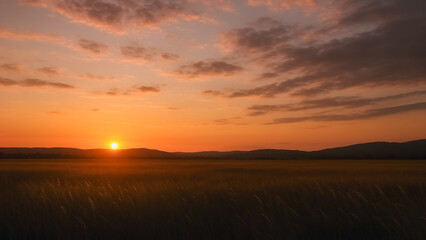 A breathtaking panorama of an open field under a vibrant sunset sky. The sun dips below the horizon, casting a warm glow.