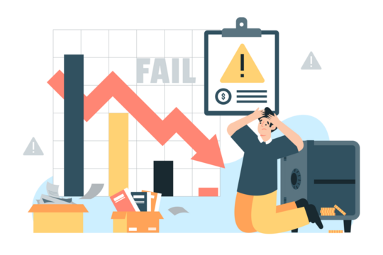 Financial Crisis Illustration with Declining Graph and Distressed Figure on Transparent Background in Flat Style Economics and Market Downturn