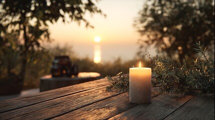 A tranquil candlelit evening overlooking the serene ocean at sunset creating a peaceful and reflective ambiance with a