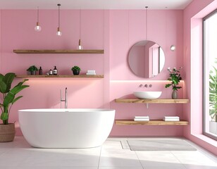 Chic Modern Bathroom with Pink Walls, Freestanding Tub, and Wood Vanity

