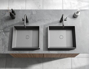Top-Down View of Modern Double Kitchen Sinks in a Gray Stone Countertop

