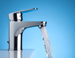 Running Water Flowing from a Modern Chrome Faucet Against a Bright Blue Background

