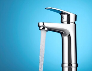 Running Water Flowing from a Modern Chrome Faucet Against a Bright Blue Background

