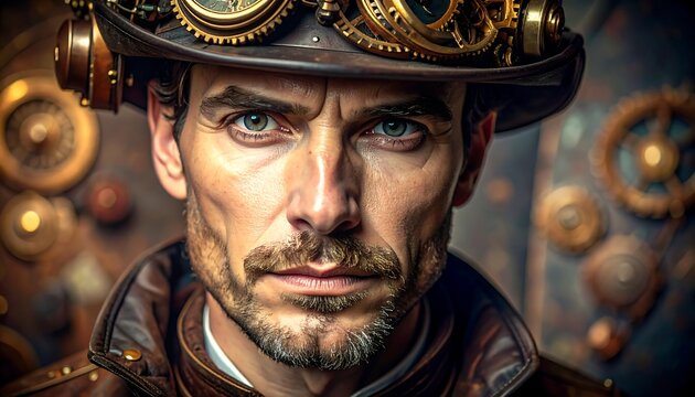 Portrait of a steampunk man with gear-decorated hat and goggles