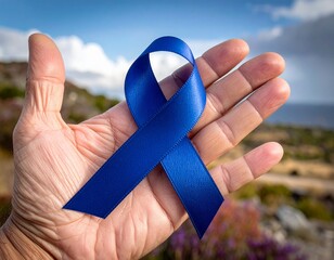 Close-Up of a Hand Holding a Dark Blue Awareness Ribbon

