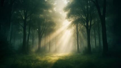 Mystical forest scene, sunlight streaming through the trees, creating a mesmerizing display of light and shadow. Revealing the breathtaking natural world with an otherworldly vibe.