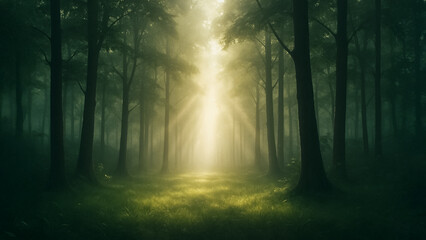 A serene and ethereal forest scene bathed in sunlight, creating a mystical ambiance, showcasing the interplay of light and shadow. 