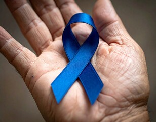 Close-Up of a Hand Holding a Dark Blue Awareness Ribbon

