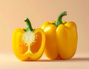 Vibrant Yellow Bell Pepper and a Sliced Half on a Monochrome Background

