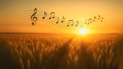 A harmonious blend of nature and music unfolds as musical notes dance above a golden wheat field, bathed in the radiant glow of the setting sun. 