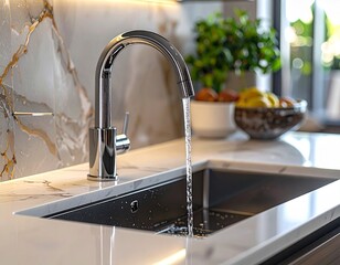 Modern Kitchen Faucet Running Water into Stainless Steel Sink with Marble Countertop

