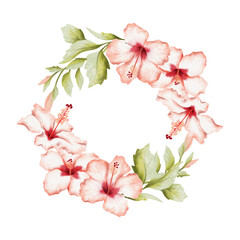 Tropical hibiscus flowers with leaves and buds on branches watercolor round wreath. Hand drawn botanical illustration in pastel red green and white. Summer round template or frame for travel designs
