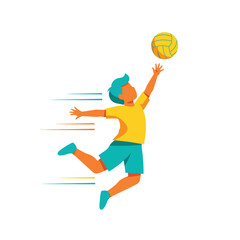 Fototapeta premium Energetic young athlete leaps high to spike a volleyball during a dynamic sports match, showcasing athletic skill and determination.