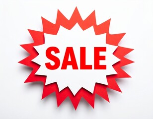 Red and White Starburst Sticker with Bold 'SALE' Text on a Clean Background

