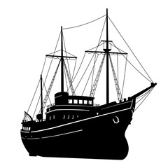 Silhouette of a classic three-masted sailing ship underway majestic nautical vessel silhouette Flat design vector illustration isolated on a white background