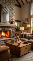 Cozy Rustic Living Room with Stone Fireplace, Wood Beams, and Warm Interior Decor