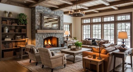 Cozy Rustic Living Room with Stone Fireplace, Wooden Beams, and Snowy Window Views