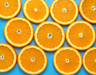 Vibrant Overhead Close-up of Sliced Oranges on a Bright Blue Background

