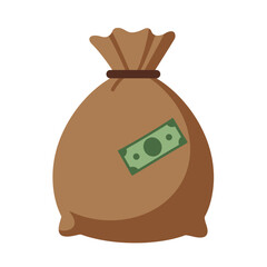 Brown canvas money bag filled with cash bills ready for deposit or withdrawal silhouette Flat design vector illustration isolated on a white background