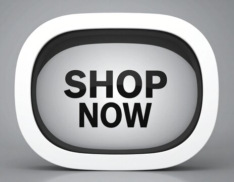 Minimalist White Glossy 'SHOP NOW' Button for E-commerce Call to Action on white background