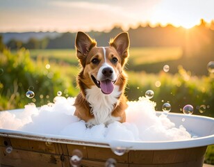 Happy Dog Enjoying a Luxurious Bubble Bath in a White Bathroom Tub

