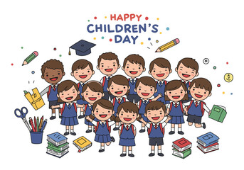 Cheerful Cartoon Children in School Uniforms Celebrating Childrens Day.
