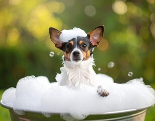 Happy Dog Enjoying a Luxurious Bubble Bath in a White Bathroom Tub

