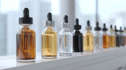 A diverse collection of essential oils reflecting a spectrum of well being and holistic health in glass bottles under