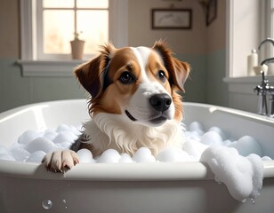 Happy Dog Enjoying a Luxurious Bubble Bath in a White Bathroom Tub

