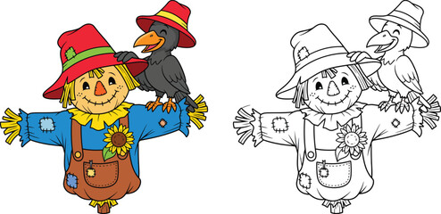 Cheerful Scarecrow with Friendly Crow on Shoulder - Autumn Harvest and Farm Theme Illustration