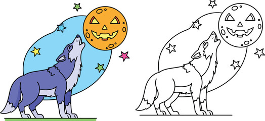 Stylish Cartoon Wolf Howling at a Jack-o'-Lantern Moon with Stars, Halloween Night Scene