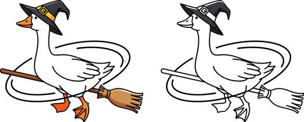 Whimsical Cartoon Duck Wearing a Witch Hat and Flying on a Broomstick, Halloween Illustration