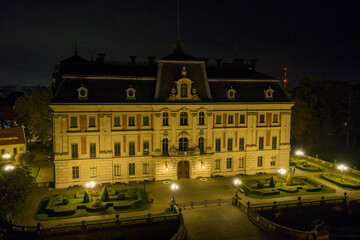 Pszczyna Castle in night illumination