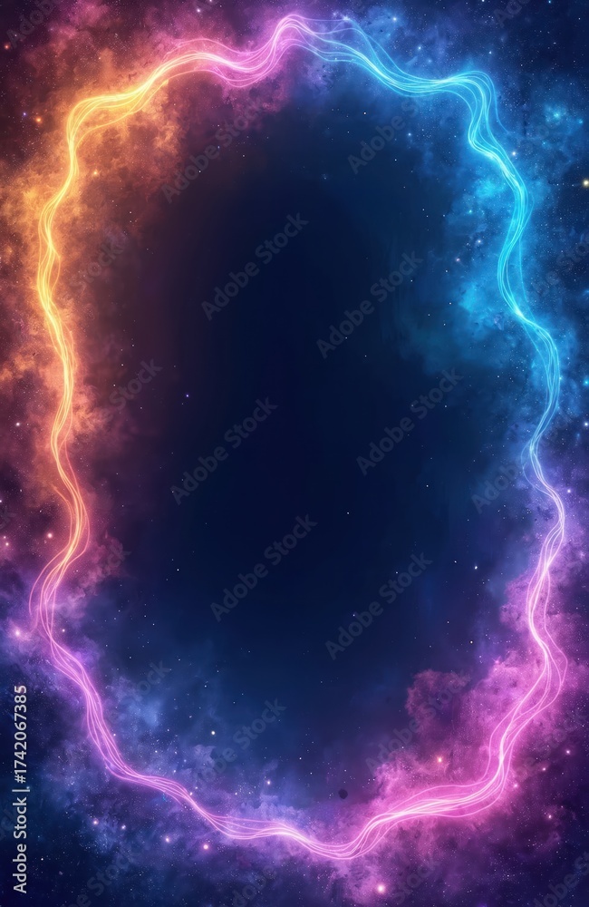 Wall mural abstract neon wave border with colorful cosmic clouds and stars. futuristic digital art forms a glow