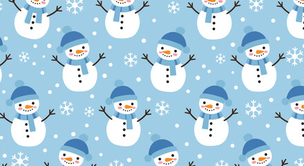 Adorable cartoon snowmen with blue hats and scarves falling snowflakes pattern.