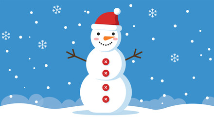 Cheerful cartoon snowman with red hat and carrot nose in falling snow.