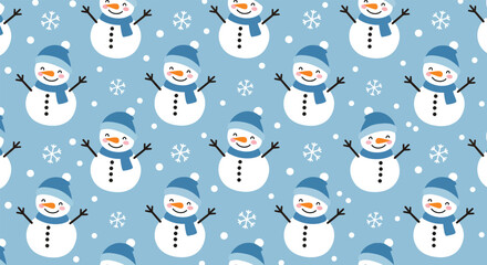 Cheerful Snowman Pattern with Blue Hats and Scarves.