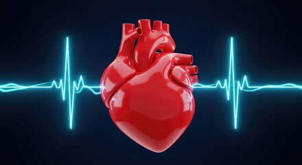 Red heart model pulsating with EKG line for medical innovation or cardiovascular disease prevention visuals 110chars