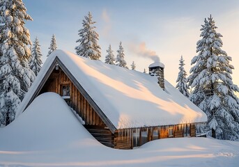 Charming Wooden Cabin Nestled Under a Blanket of Winter Snowfall